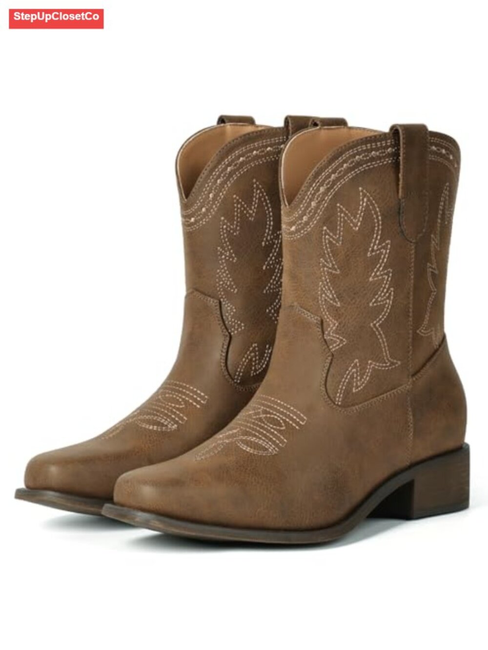Women's Square Toe Cowgirl Boots Ankle Chunky Heel Embroidered Pull-On Western